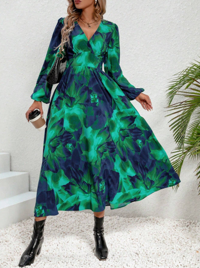 Sixsr Allover Print Flared Long Sleeve Dress, Casual V Neck High Waist Midi Dress, Women's Clothing