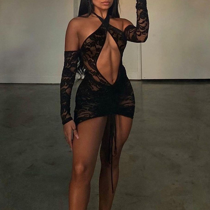 sixsr Tassel Stitching Sexy Dress For Women Evening Clubbing Party Square Collar Halter Hollow Out Backless Lace Mini Dress