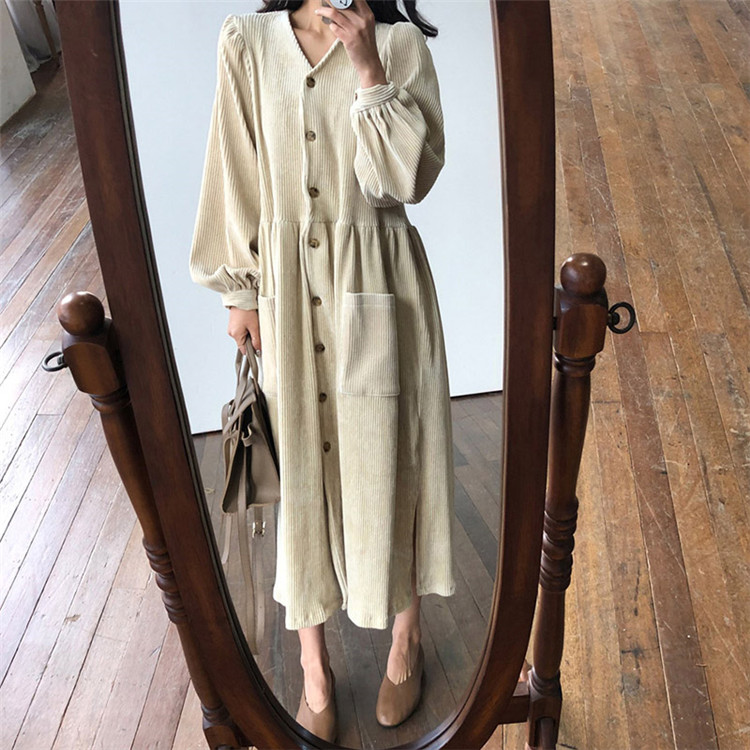 Sixsr Women Autumn Winter Vintage Long Dress Elegant Full Sleeve Single Breasted Tunic Casual Corduroy Dress with Pocket Vestidos