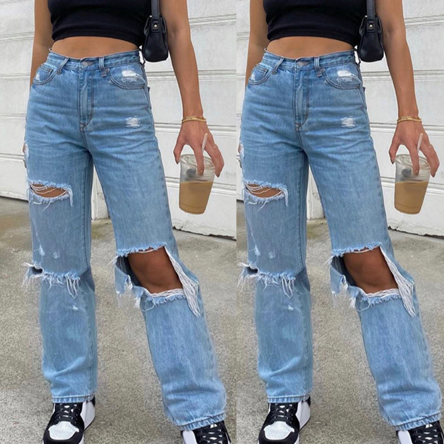 Sixsr Baggy Jeans Straight Leg Ripped Jeans For Women Fashion Loose High Streetwear Women High Waist Pants Hole Boyfriend Trousers