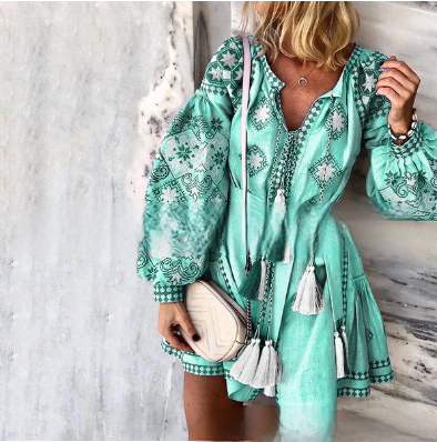 Sixsr Tassel Sashes Mini Dresses Women Summer Autumn Sexy V-Neck Boho Dress New Bohemian Floral Printed Beach Dress Vestidos