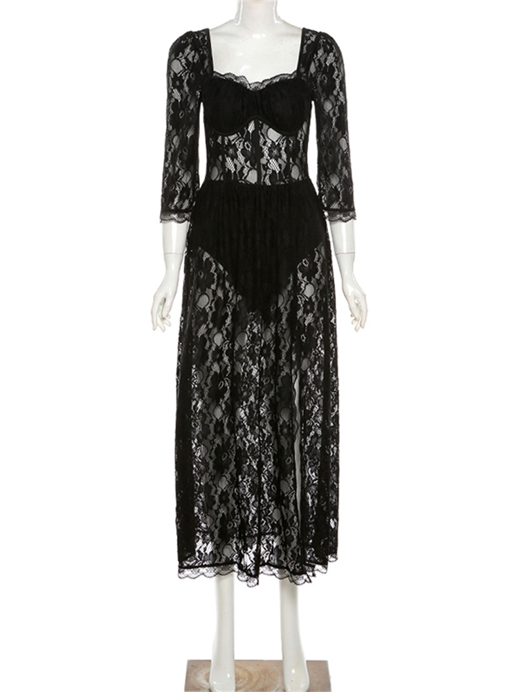 Sixsr Hot Sale Boho Korean New Mature Woman Sexy Square Collar Lace Mesh Transparent High Waist Split Goddess Full Sleeve Long Dress Dresses 8P