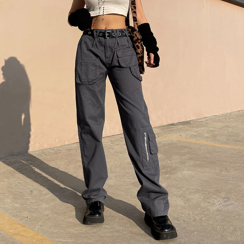 Sixsr Vintage Streetwear Cargo Pants Women Harajuku Street Loose Straight Women Jeans Casual Slim Versatile High Waisted Jeans Pants