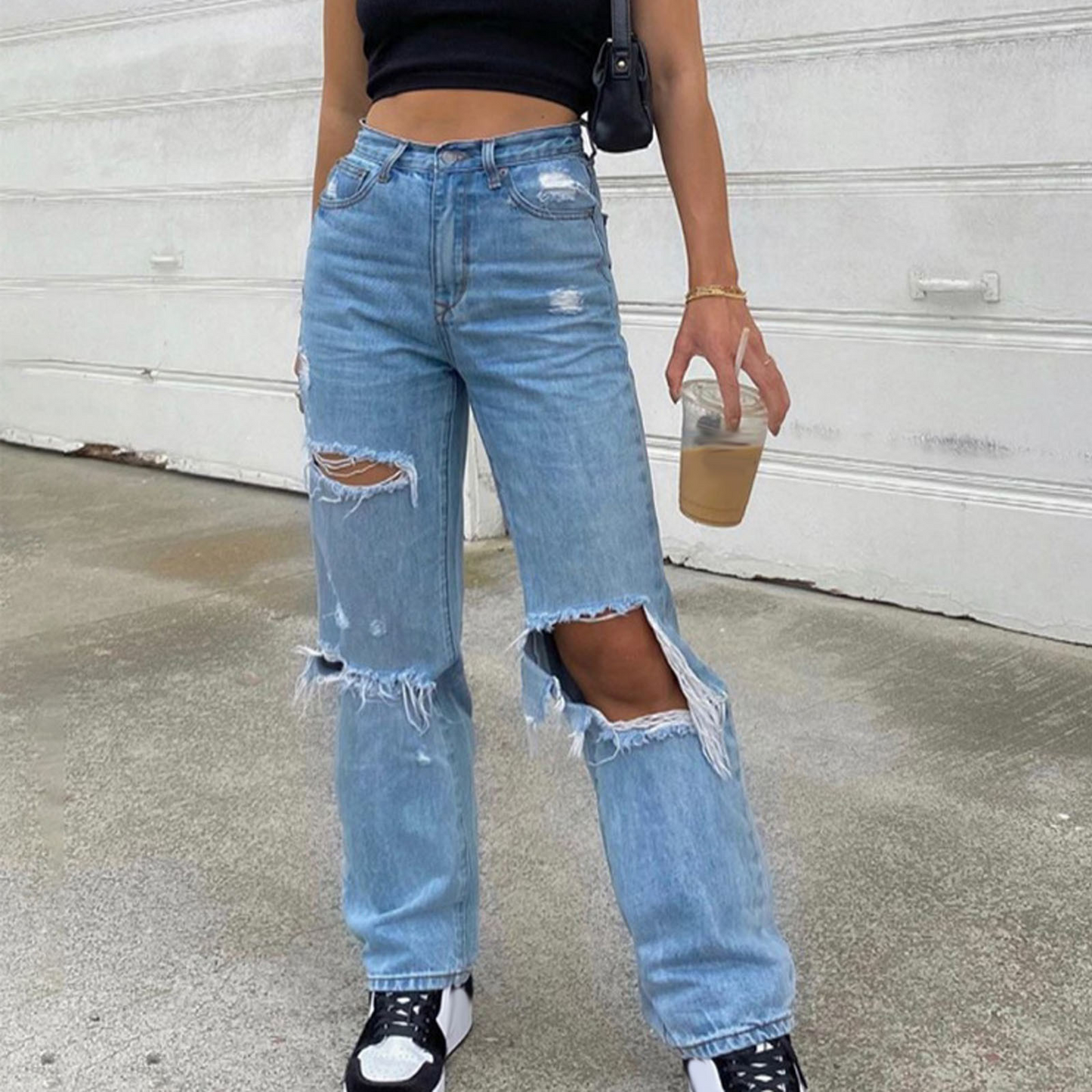 Sixsr Baggy Jeans Straight Leg Ripped Jeans For Women Fashion Loose High Streetwear Women High Waist Pants Hole Boyfriend Trousers
