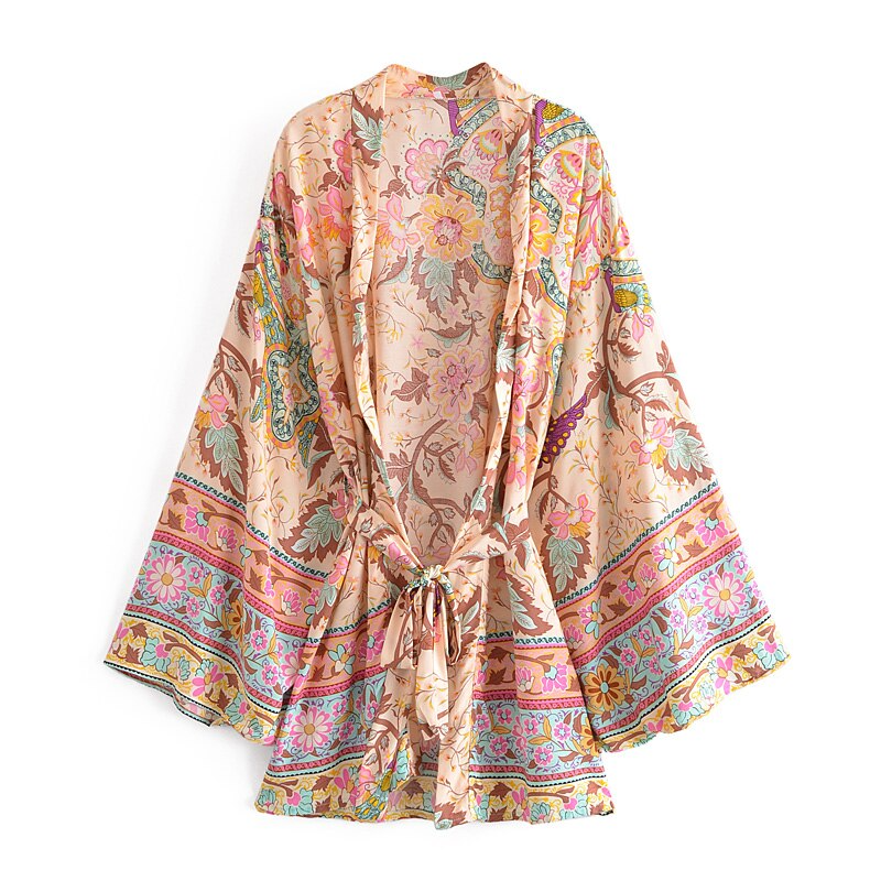 Vintage Peacock Floral Print Sashes Bohemian Kimono Women V Neck Batwing Sleeves Short Robe Boho Bikini Cover-ups