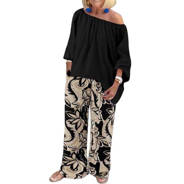 Pants Sets Fashion One Shoulder 3/4 Sleeve Tops Floral Print Wide Leg Trouser Women Two Piece Sets Casual Loose Suit