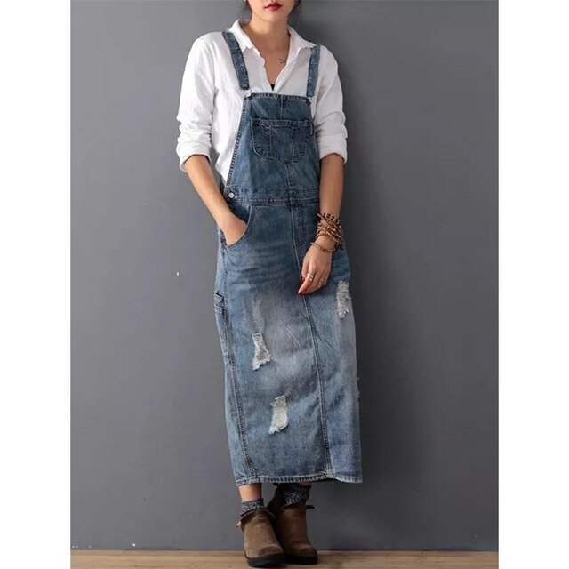 Sixsr Fashion Maxi Denim Dress Summer Ladies Suspenders Holes Jean Dresses Female Loose Plus Size 5XL Bib Blue cowboy Long Dress 8075