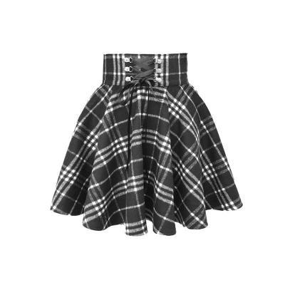 Sixsr Gothic Lolita skirt female S-XL multi-size autumn and winter high waist lace-up short check wool skirt mini ballet skirt