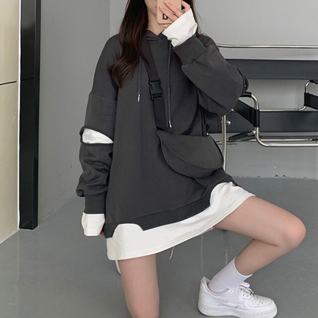 Stylish Fake Two Pieces Loose Long Sleeves Hoodies Blouses