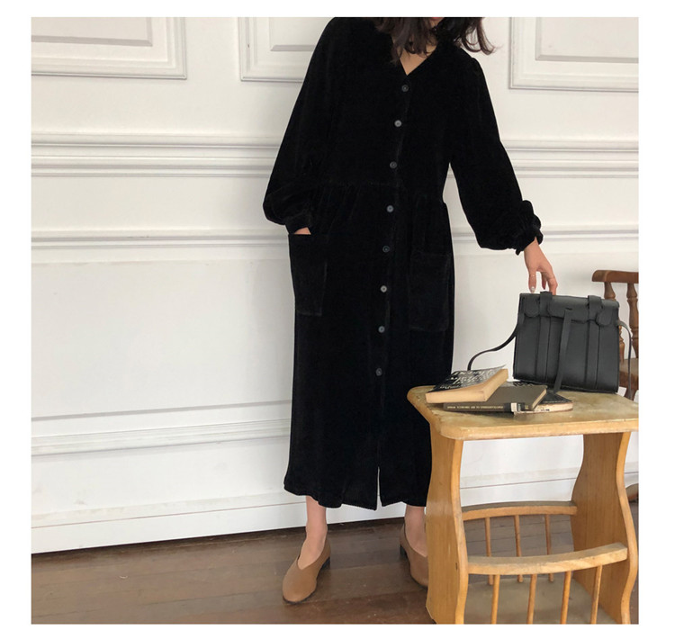 Sixsr Women Autumn Winter Vintage Long Dress Elegant Full Sleeve Single Breasted Tunic Casual Corduroy Dress with Pocket Vestidos