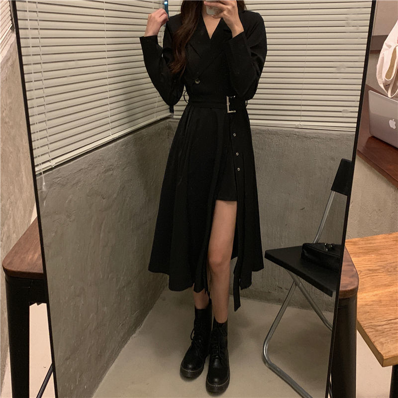 Sixsr Long Sleeve Dresses Women Bandage Punk Streetwear Hipster Vestidos Mujer Elegant Popular Side Slit A-Line Charm Vintage Ulzzang