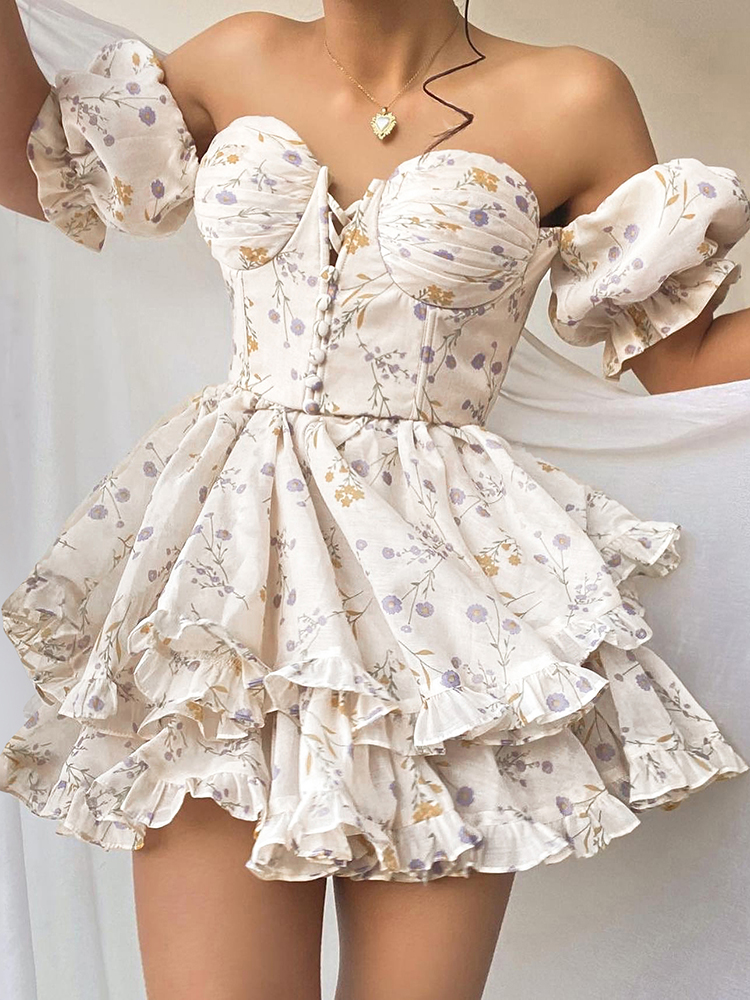 sixsr Floral Y2K Mini Dress Corset Off Shoulder Women Ruffle Sexy Puff Sleeve Summer Streetwear Chic Party Vestidos New