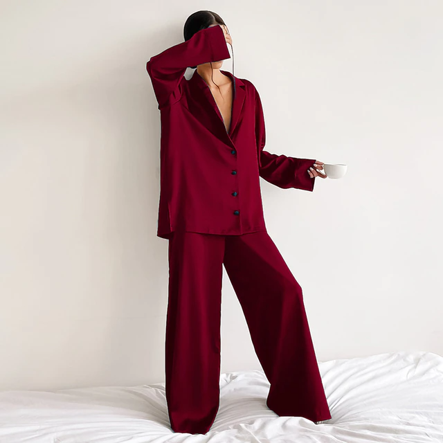 Sixsr Oversized Satin Silk Sleepwear Low Cut Sexy Pajamas For Women Single-Breasted Long Sleeves Wide Leg Pants Trouser Suits
