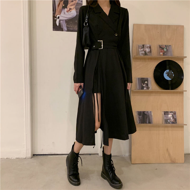 Sixsr Long Sleeve Dresses Women Bandage Punk Streetwear Hipster Vestidos Mujer Elegant Popular Side Slit A-Line Charm Vintage Ulzzang