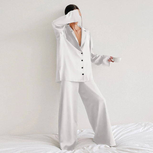 Sixsr Oversized Satin Silk Sleepwear Low Cut Sexy Pajamas For Women Single-Breasted Long Sleeves Wide Leg Pants Trouser Suits