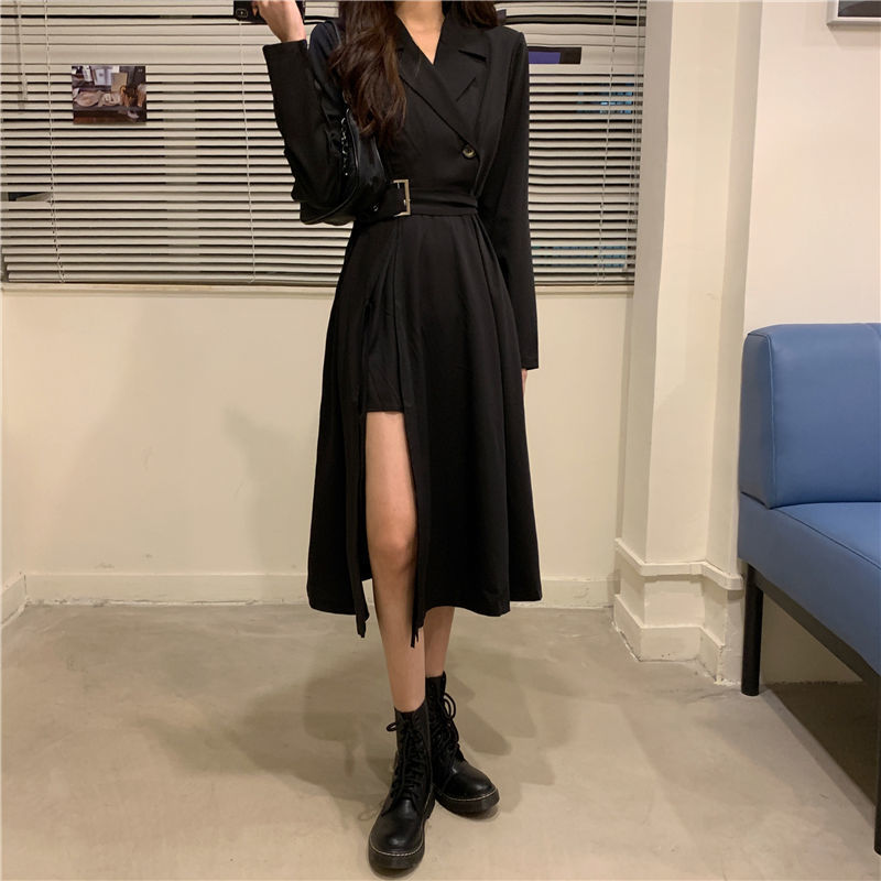 Sixsr Long Sleeve Dresses Women Bandage Punk Streetwear Hipster Vestidos Mujer Elegant Popular Side Slit A-Line Charm Vintage Ulzzang