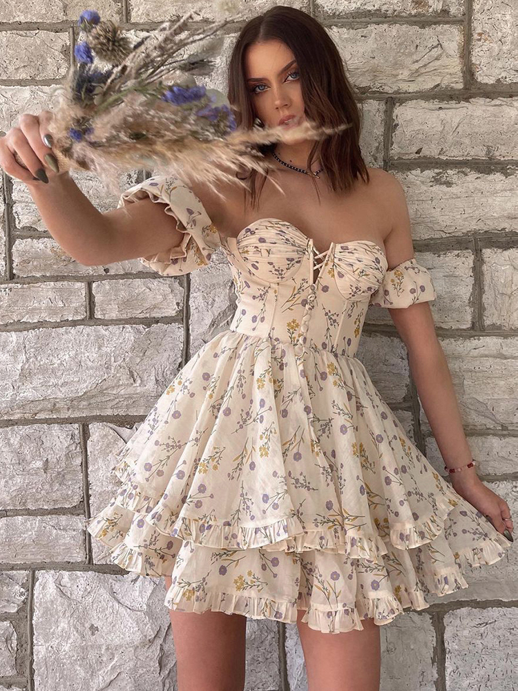 sixsr Floral Y2K Mini Dress Corset Off Shoulder Women Ruffle Sexy Puff Sleeve Summer Streetwear Chic Party Vestidos New