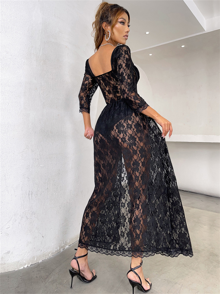 Sixsr Hot Sale Boho Korean New Mature Woman Sexy Square Collar Lace Mesh Transparent High Waist Split Goddess Full Sleeve Long Dress Dresses 8P