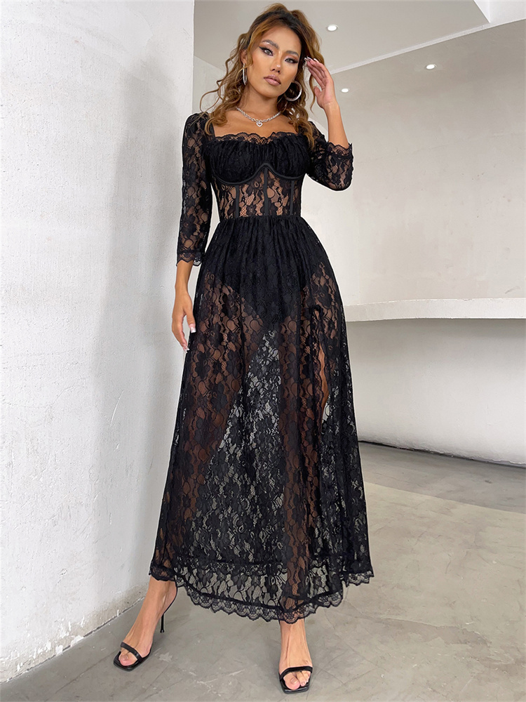 Sixsr Hot Sale Boho Korean New Mature Woman Sexy Square Collar Lace Mesh Transparent High Waist Split Goddess Full Sleeve Long Dress Dresses 8P