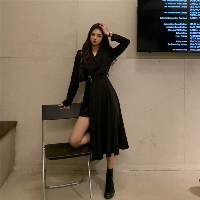 Sixsr Long Sleeve Dresses Women Bandage Punk Streetwear Hipster Vestidos Mujer Elegant Popular Side Slit A-Line Charm Vintage Ulzzang