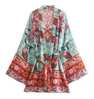 Vintage Peacock Floral Print Sashes Bohemian Kimono Women V Neck Batwing Sleeves Short Robe Boho Bikini Cover-ups