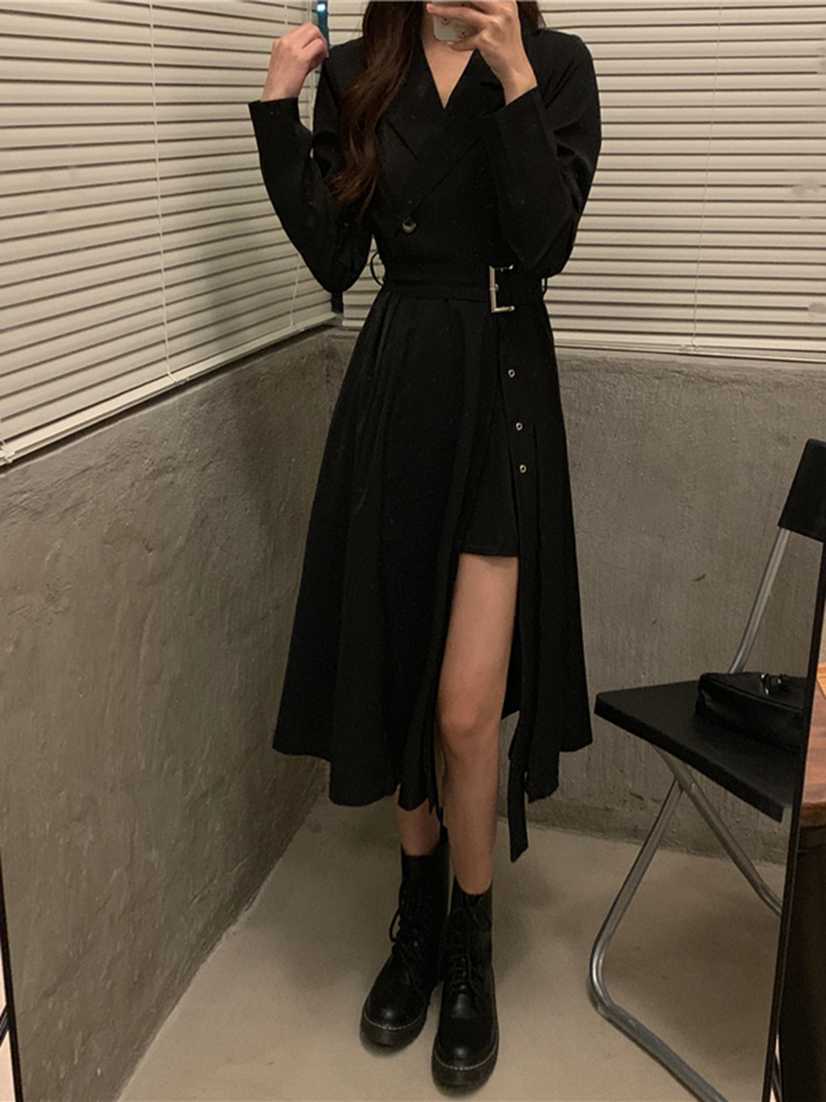 Sixsr Long Sleeve Dresses Women Bandage Punk Streetwear Hipster Vestidos Mujer Elegant Popular Side Slit A-Line Charm Vintage Ulzzang