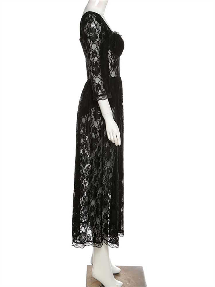 Sixsr Hot Sale Boho Korean New Mature Woman Sexy Square Collar Lace Mesh Transparent High Waist Split Goddess Full Sleeve Long Dress Dresses 8P