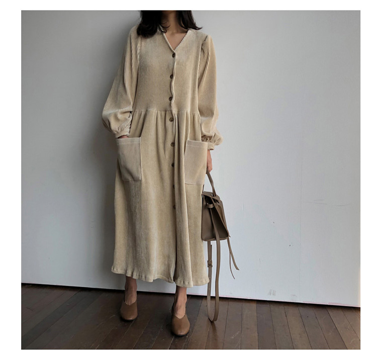 Sixsr Women Autumn Winter Vintage Long Dress Elegant Full Sleeve Single Breasted Tunic Casual Corduroy Dress with Pocket Vestidos