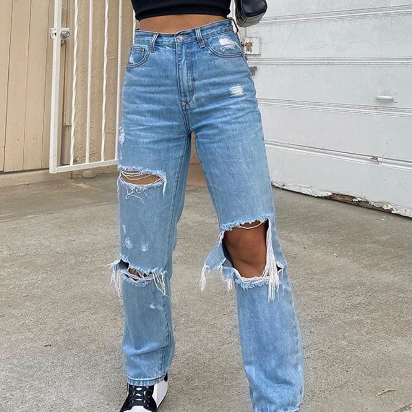 Sixsr Baggy Jeans Straight Leg Ripped Jeans For Women Fashion Loose High Streetwear Women High Waist Pants Hole Boyfriend Trousers