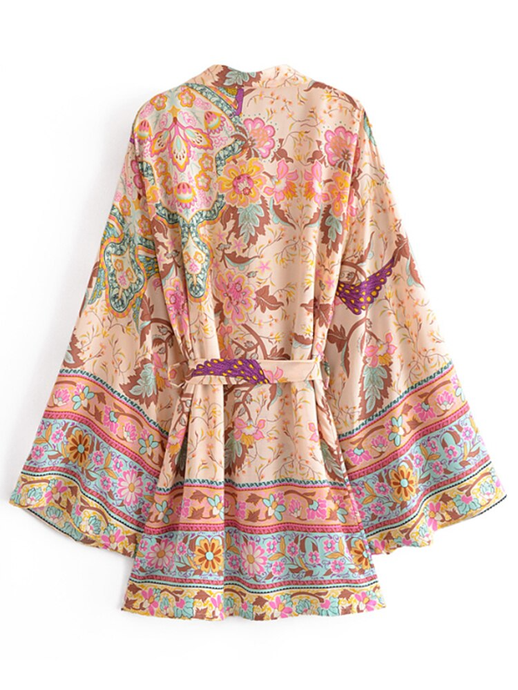 Vintage Peacock Floral Print Sashes Bohemian Kimono Women V Neck Batwing Sleeves Short Robe Boho Bikini Cover-ups