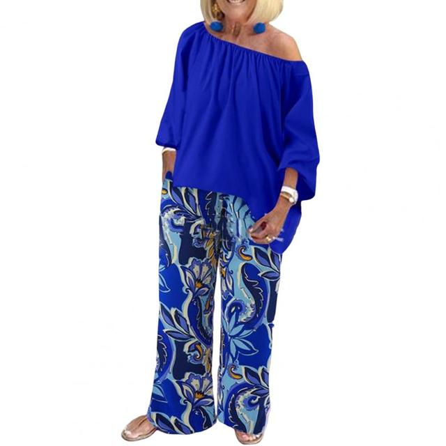 Pants Sets Fashion One Shoulder 3/4 Sleeve Tops Floral Print Wide Leg Trouser Women Two Piece Sets Casual Loose Suit