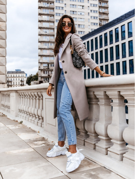 Solid Color Long Sleeve Suit Collar Woolen Coat