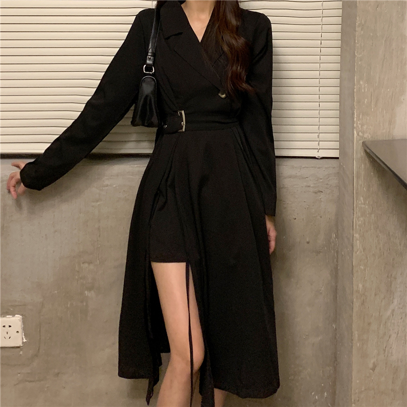 Sixsr Long Sleeve Dresses Women Bandage Punk Streetwear Hipster Vestidos Mujer Elegant Popular Side Slit A-Line Charm Vintage Ulzzang