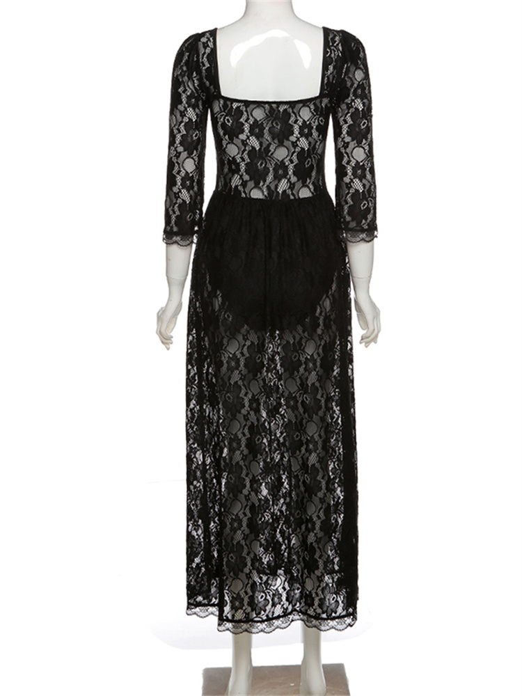 Sixsr Hot Sale Boho Korean New Mature Woman Sexy Square Collar Lace Mesh Transparent High Waist Split Goddess Full Sleeve Long Dress Dresses 8P