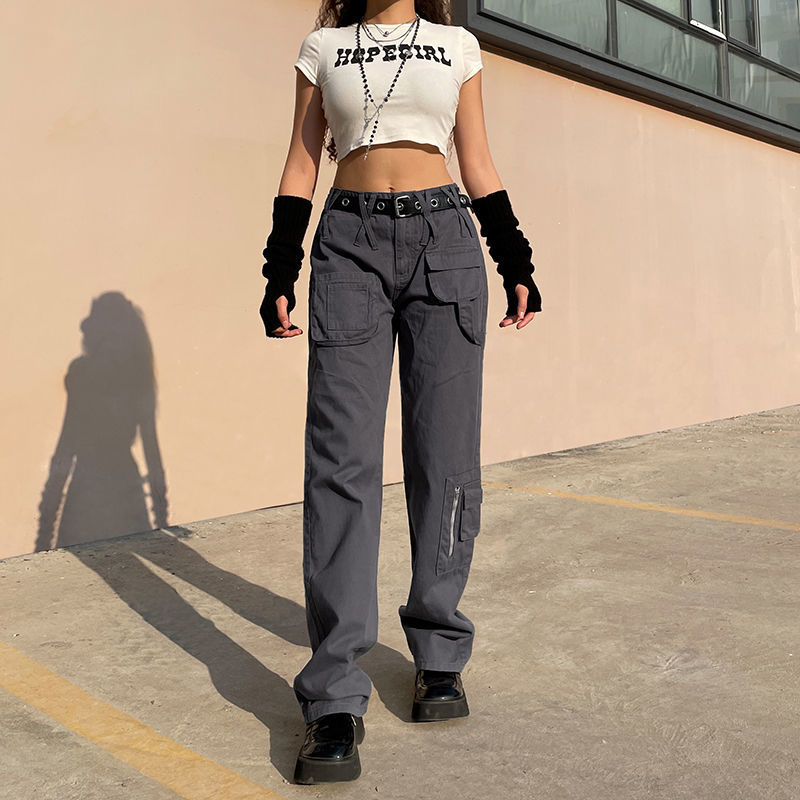 Sixsr Vintage Streetwear Cargo Pants Women Harajuku Street Loose Straight Women Jeans Casual Slim Versatile High Waisted Jeans Pants