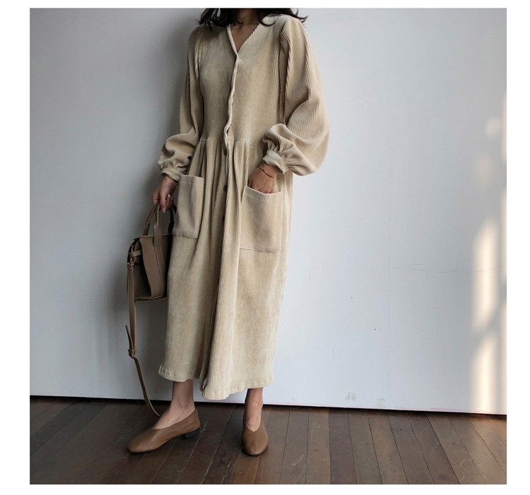 Sixsr Women Autumn Winter Vintage Long Dress Elegant Full Sleeve Single Breasted Tunic Casual Corduroy Dress with Pocket Vestidos