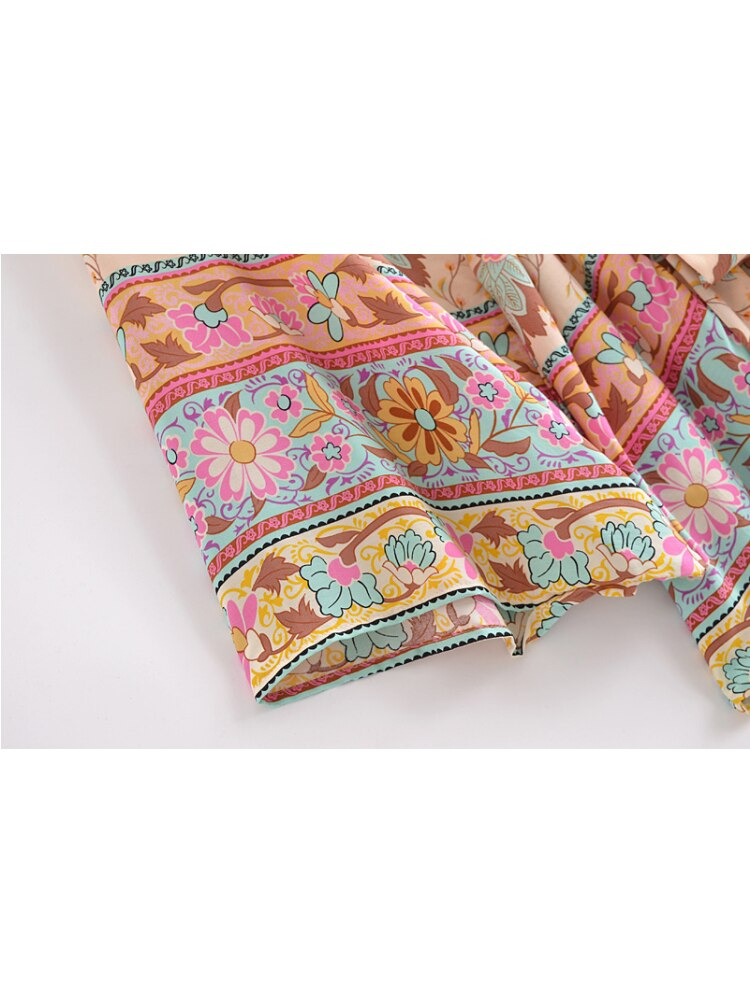 Vintage Peacock Floral Print Sashes Bohemian Kimono Women V Neck Batwing Sleeves Short Robe Boho Bikini Cover-ups