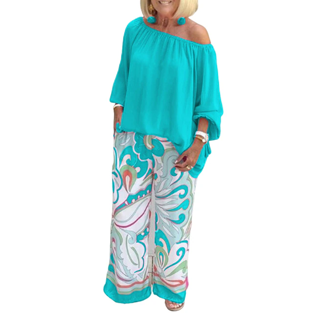 Pants Sets Fashion One Shoulder 3/4 Sleeve Tops Floral Print Wide Leg Trouser Women Two Piece Sets Casual Loose Suit