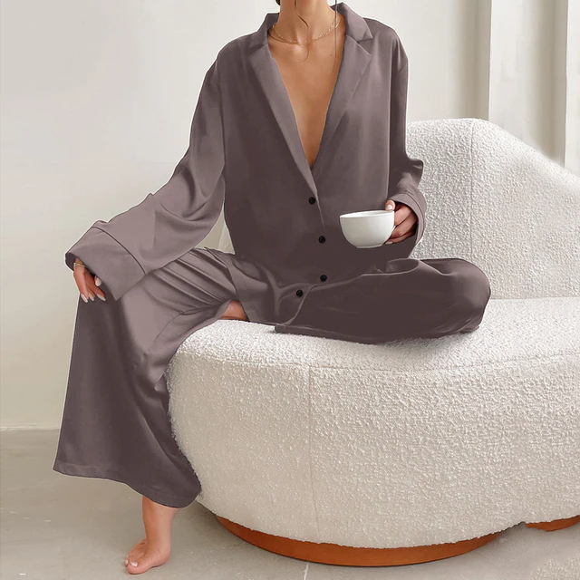 Sixsr Oversized Satin Silk Sleepwear Low Cut Sexy Pajamas For Women Single-Breasted Long Sleeves Wide Leg Pants Trouser Suits