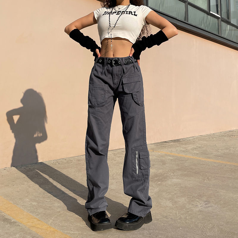 Sixsr Vintage Streetwear Cargo Pants Women Harajuku Street Loose Straight Women Jeans Casual Slim Versatile High Waisted Jeans Pants