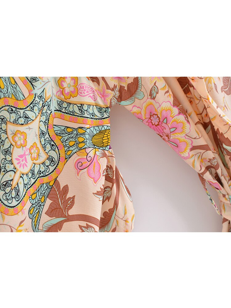 Vintage Peacock Floral Print Sashes Bohemian Kimono Women V Neck Batwing Sleeves Short Robe Boho Bikini Cover-ups