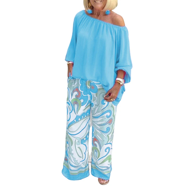 Pants Sets Fashion One Shoulder 3/4 Sleeve Tops Floral Print Wide Leg Trouser Women Two Piece Sets Casual Loose Suit