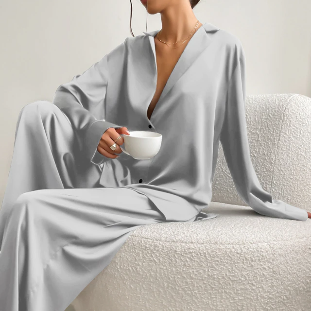 Sixsr Oversized Satin Silk Sleepwear Low Cut Sexy Pajamas For Women Single-Breasted Long Sleeves Wide Leg Pants Trouser Suits