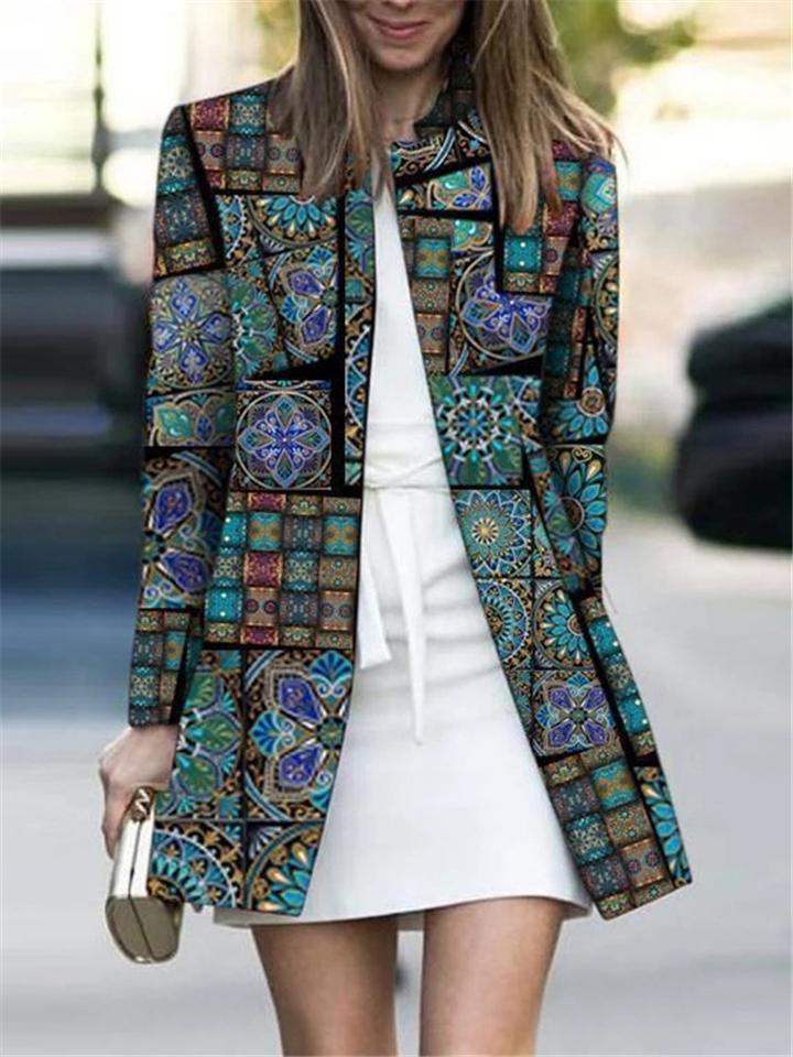 Relaxed Fit Printed Round Neck Long Sleeve Coat