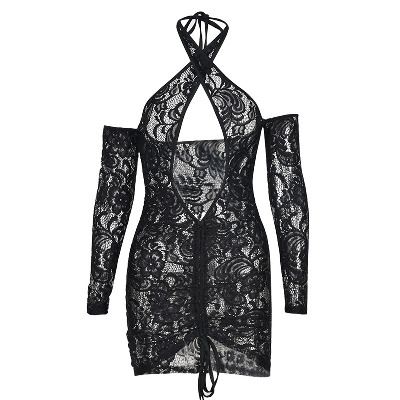 sixsr Tassel Stitching Sexy Dress For Women Evening Clubbing Party Square Collar Halter Hollow Out Backless Lace Mini Dress