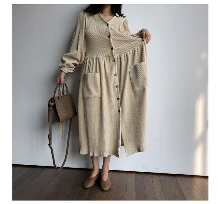 Sixsr Women Autumn Winter Vintage Long Dress Elegant Full Sleeve Single Breasted Tunic Casual Corduroy Dress with Pocket Vestidos