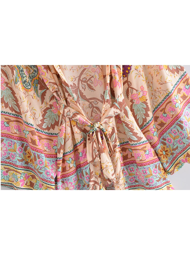 Vintage Peacock Floral Print Sashes Bohemian Kimono Women V Neck Batwing Sleeves Short Robe Boho Bikini Cover-ups