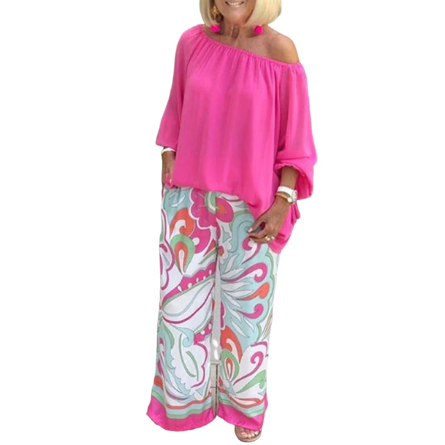 Pants Sets Fashion One Shoulder 3/4 Sleeve Tops Floral Print Wide Leg Trouser Women Two Piece Sets Casual Loose Suit