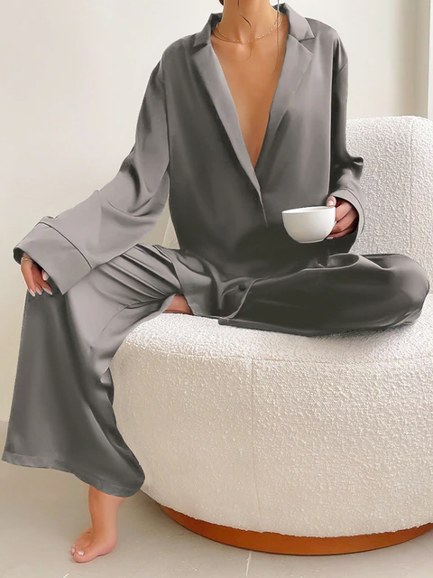 Sixsr Oversized Satin Silk Sleepwear Low Cut Sexy Pajamas For Women Single-Breasted Long Sleeves Wide Leg Pants Trouser Suits