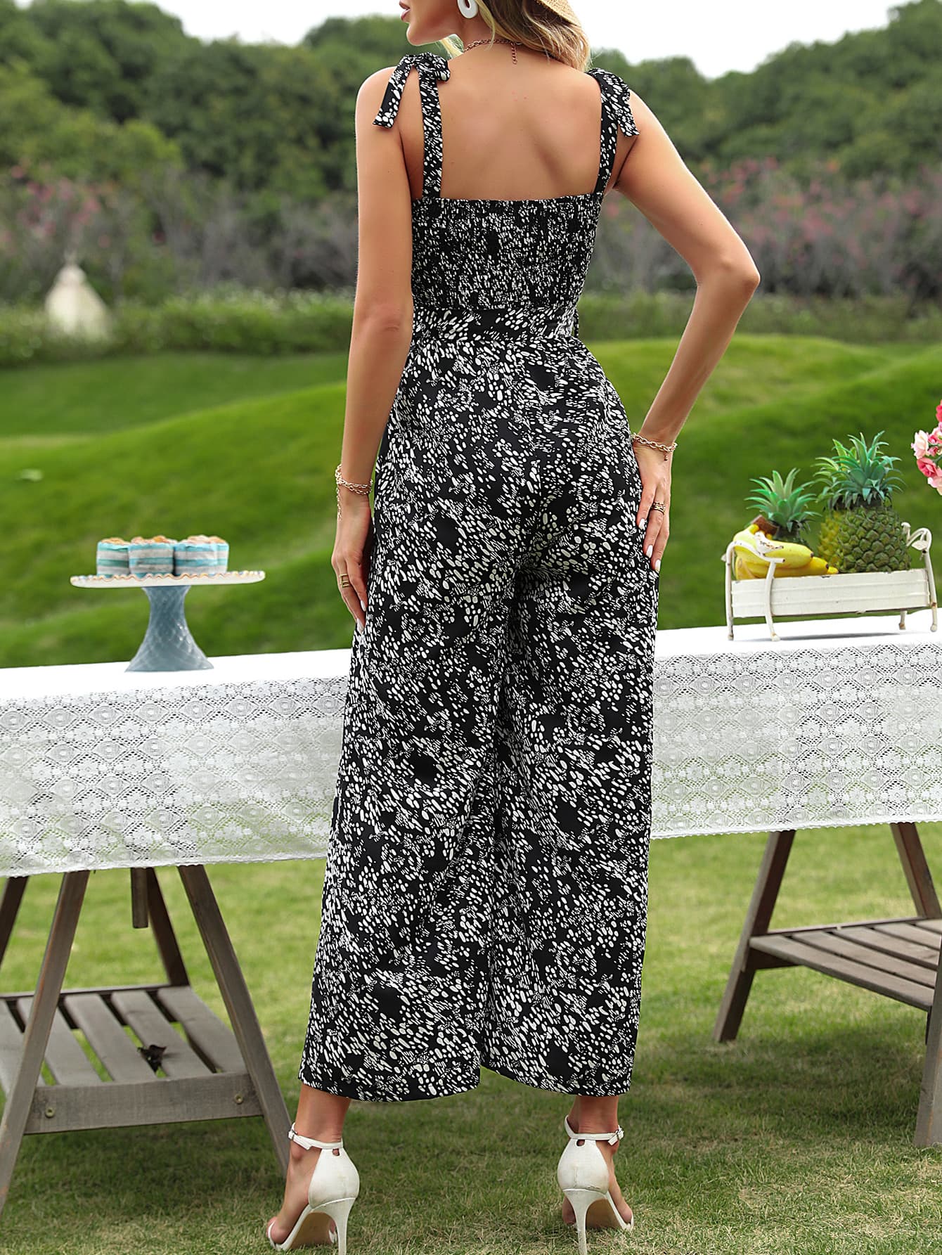 Printed Sleeveless Smocked Jumpsuit